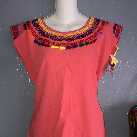 Rainbow Embroidered Mexican Artisan Coral  Top - Picture 4 of 11